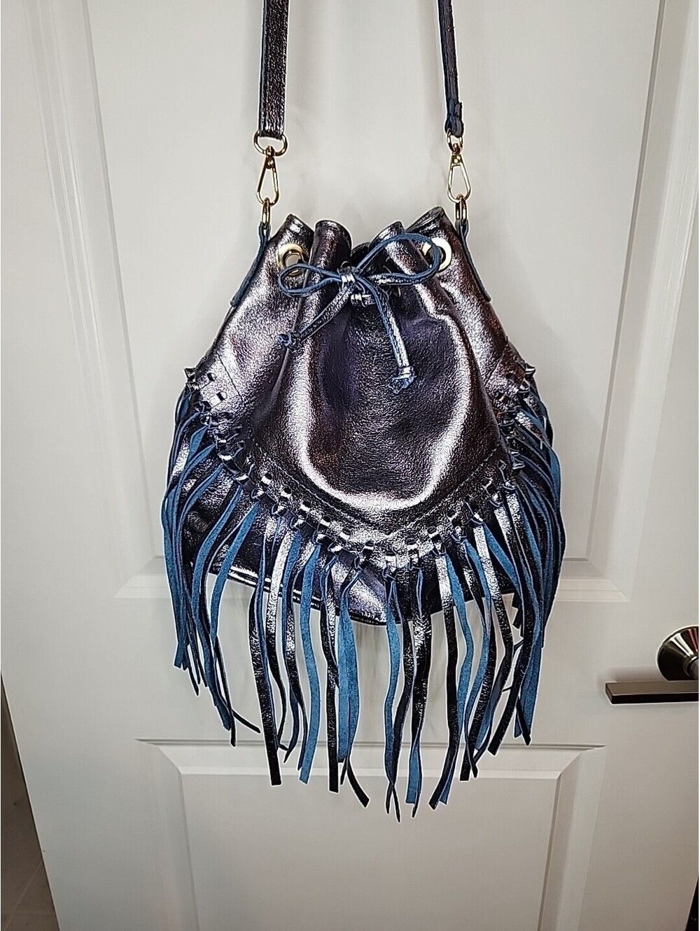 DV DIVA'S BAG Italian Suede Leather Fringe Blue Metallic Bucket Bag NEW